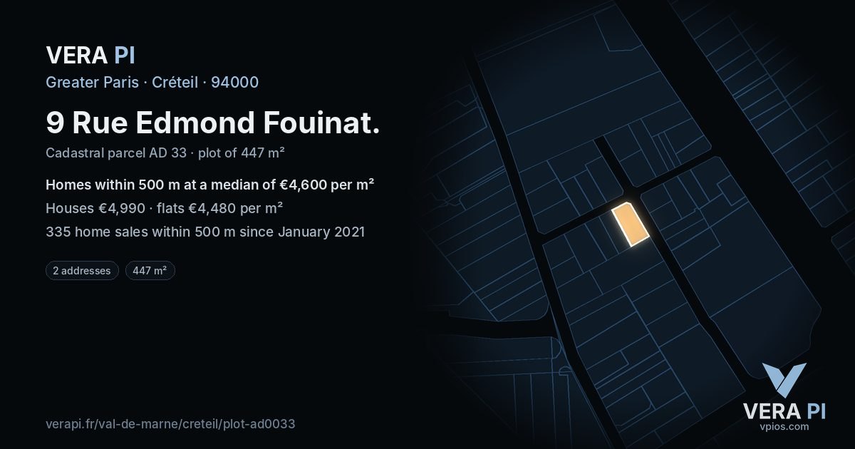 9 Rue Edmond Fouinat, Créteil at night – the plot lit, the parcels around coloured by the prices near them