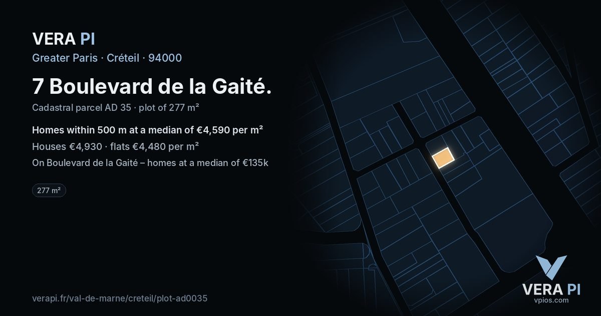 7 Boulevard de la Gaité, Créteil at night – the plot lit, the parcels around coloured by the prices near them