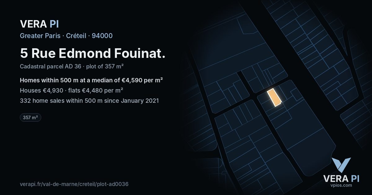 5 Rue Edmond Fouinat, Créteil at night – the plot lit, the parcels around coloured by the prices near them