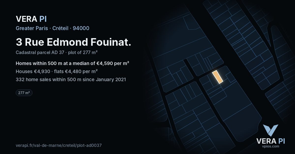 3 Rue Edmond Fouinat, Créteil at night – the plot lit, the parcels around coloured by the prices near them