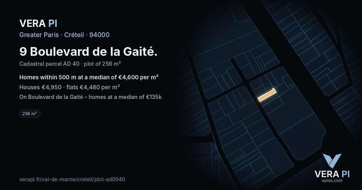 9 Boulevard de la Gaité, Créteil at night – the plot lit, the parcels around coloured by the prices near them