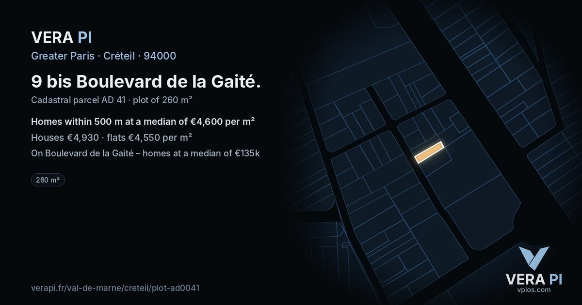 9 bis Boulevard de la Gaité, Créteil at night – the plot lit, the parcels around coloured by the prices near them