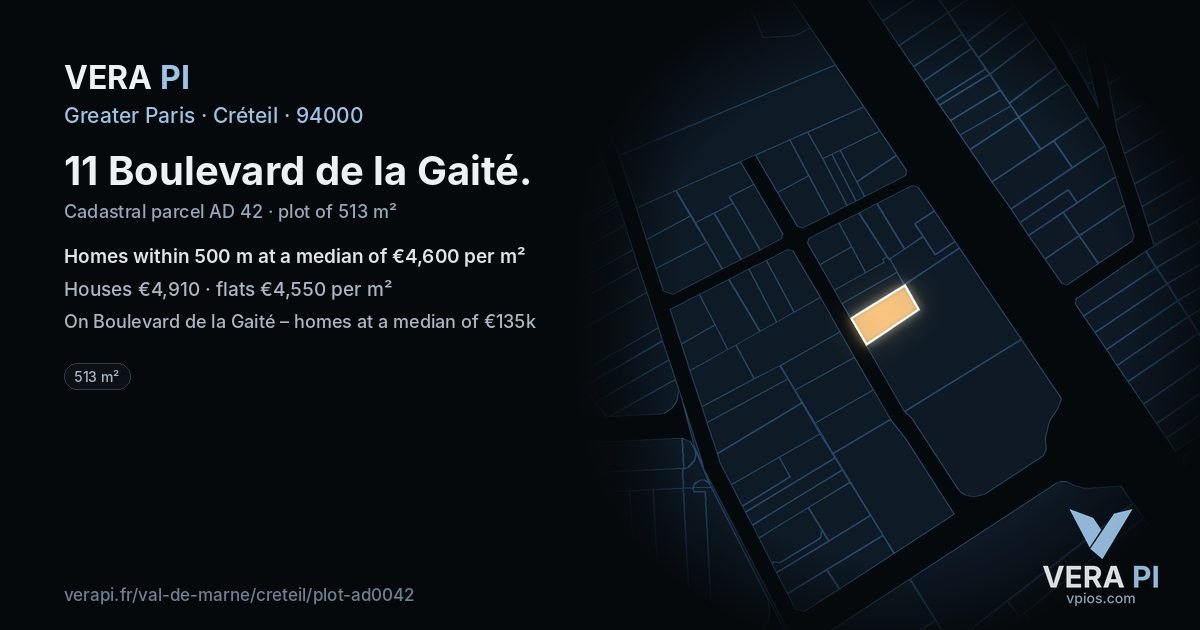 11 Boulevard de la Gaité, Créteil at night – the plot lit, the parcels around coloured by the prices near them