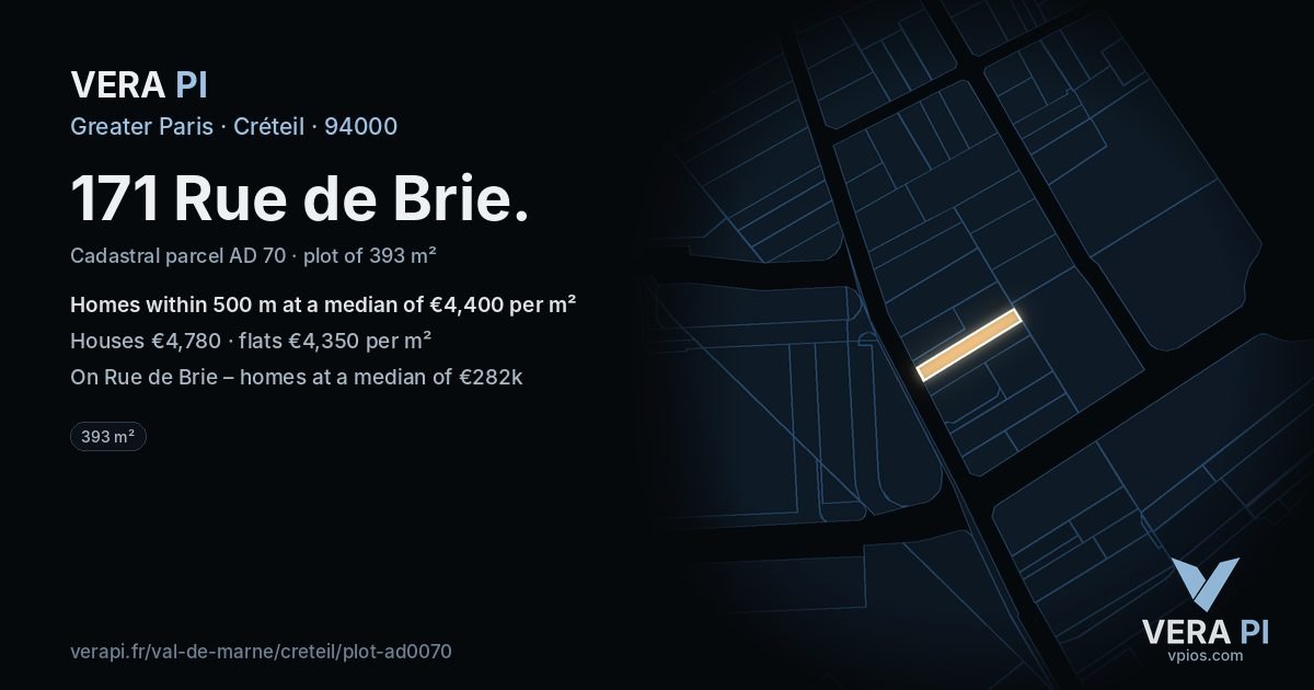 171 Rue de Brie, Créteil at night – the plot lit, the parcels around coloured by the prices near them