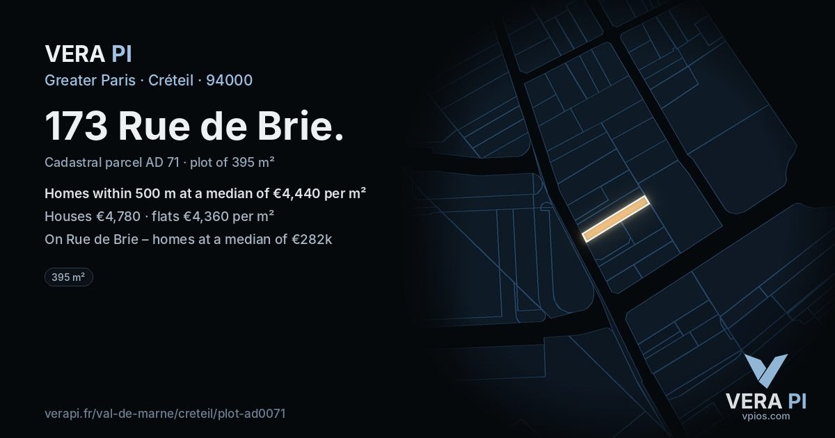 173 Rue de Brie, Créteil at night – the plot lit, the parcels around coloured by the prices near them