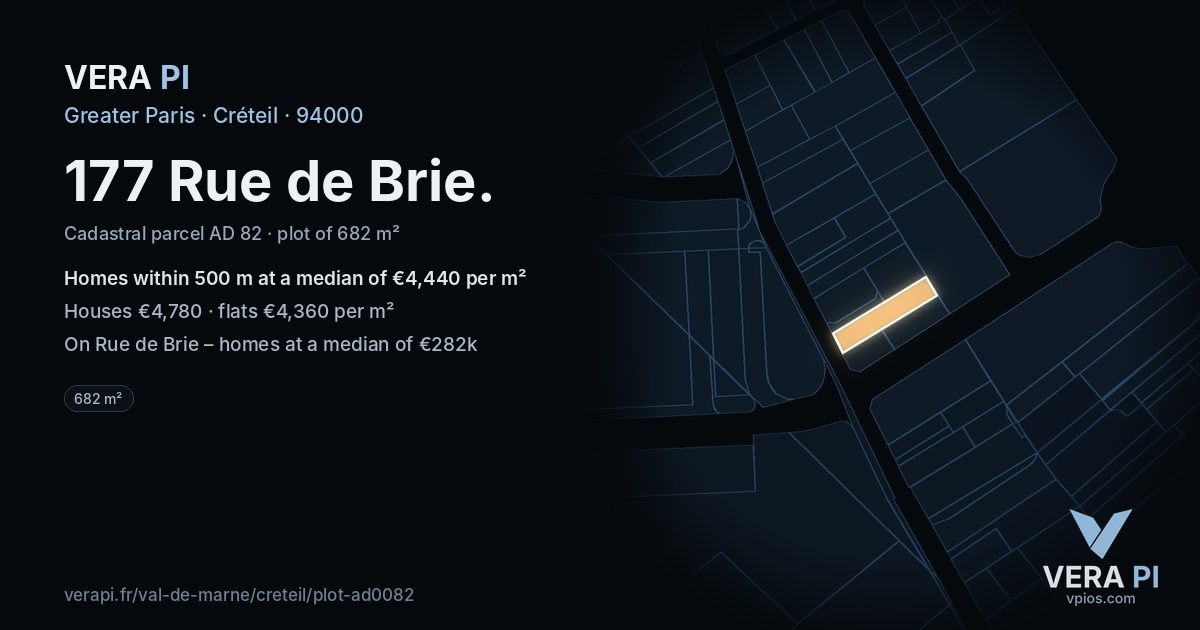 177 Rue de Brie, Créteil at night – the plot lit, the parcels around coloured by the prices near them
