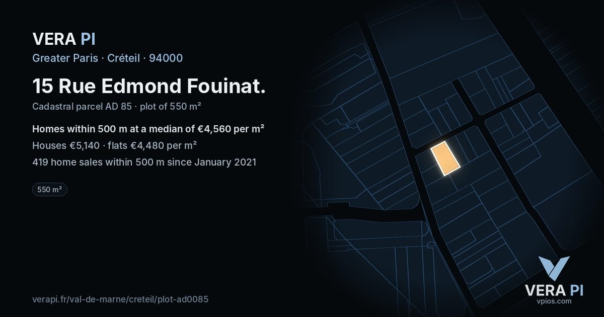 15 Rue Edmond Fouinat, Créteil at night – the plot lit, the parcels around coloured by the prices near them
