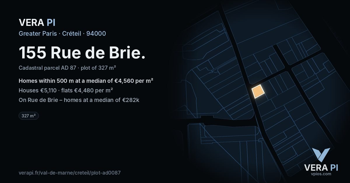 155 Rue de Brie, Créteil at night – the plot lit, the parcels around coloured by the prices near them