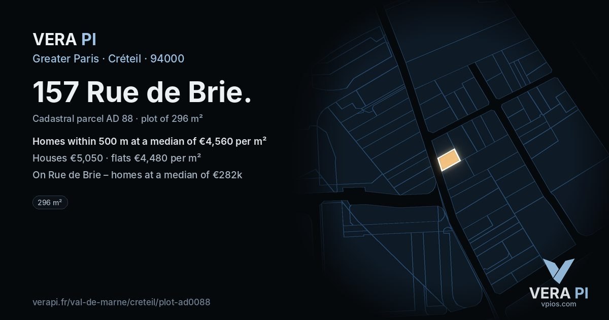 157 Rue de Brie, Créteil at night – the plot lit, the parcels around coloured by the prices near them