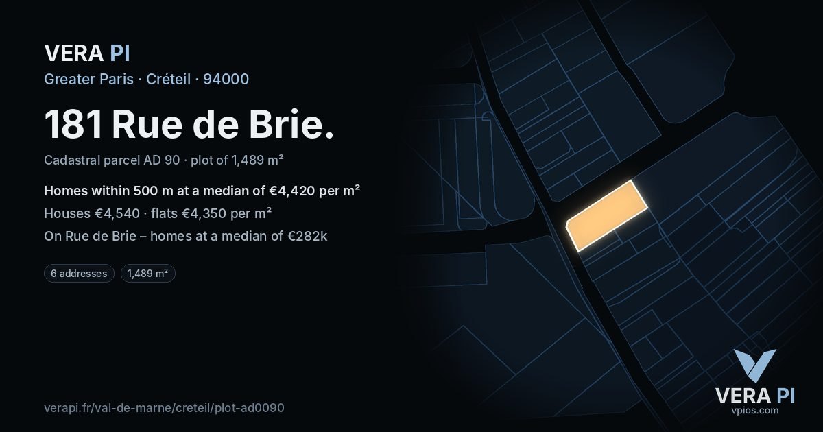 181 Rue de Brie, Créteil at night – the plot lit, the parcels around coloured by the prices near them