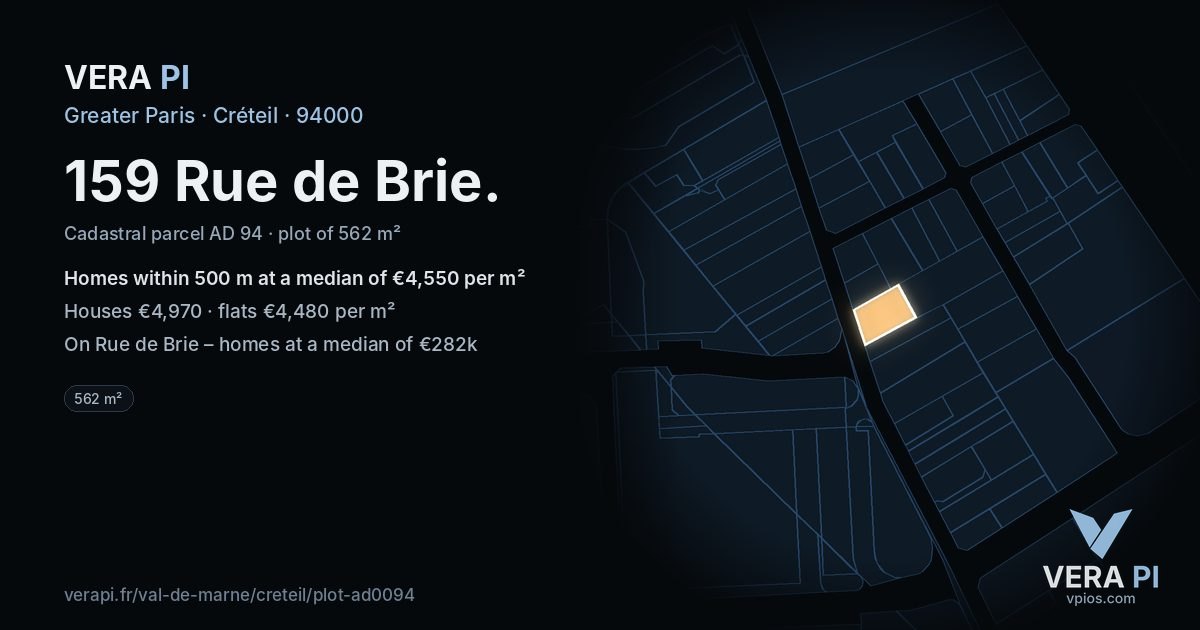 159 Rue de Brie, Créteil at night – the plot lit, the parcels around coloured by the prices near them