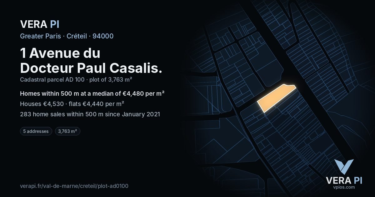 1 Avenue du Docteur Paul Casalis, Créteil at night – the plot lit, the parcels around coloured by the prices near them