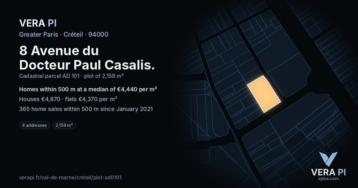 8 Avenue du Docteur Paul Casalis, Créteil at night – the plot lit, the parcels around coloured by the prices near them