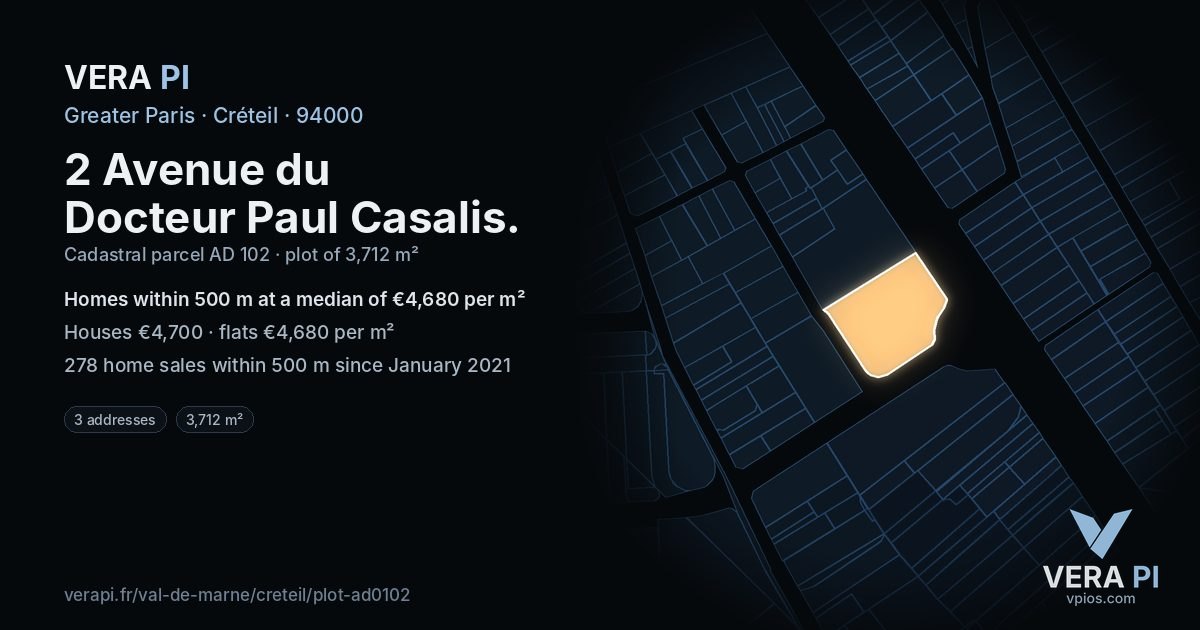 2 Avenue du Docteur Paul Casalis, Créteil at night – the plot lit, the parcels around coloured by the prices near them