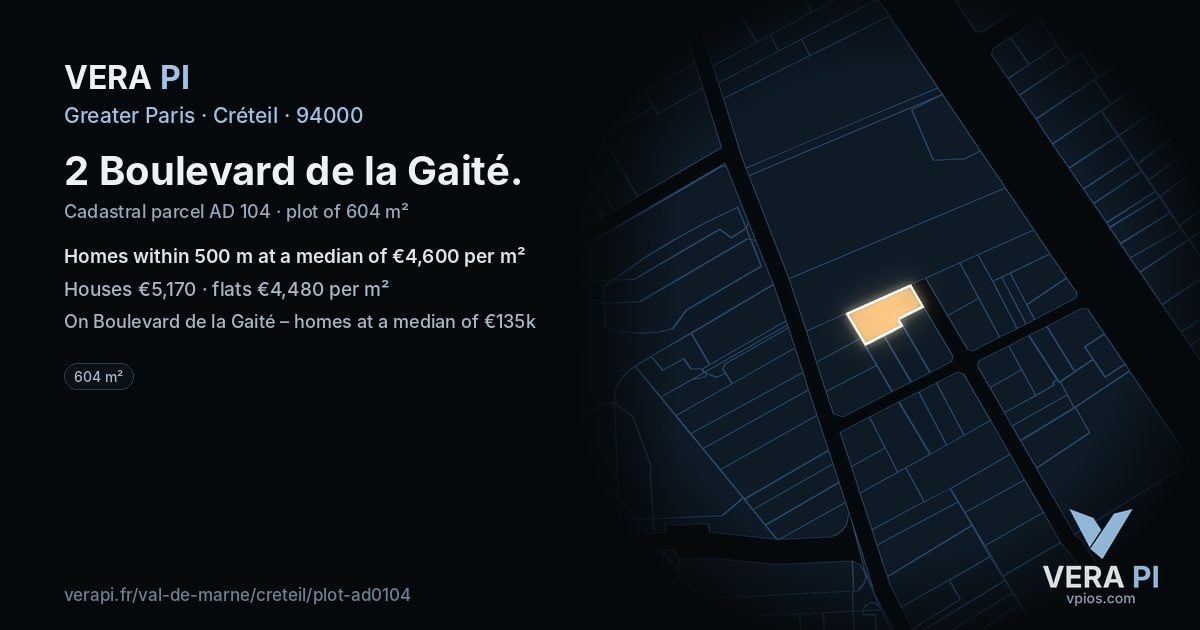 2 Boulevard de la Gaité, Créteil at night – the plot lit, the parcels around coloured by the prices near them