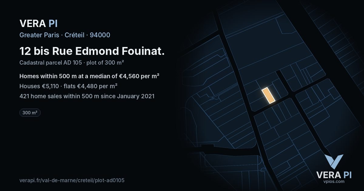 12 bis Rue Edmond Fouinat, Créteil at night – the plot lit, the parcels around coloured by the prices near them