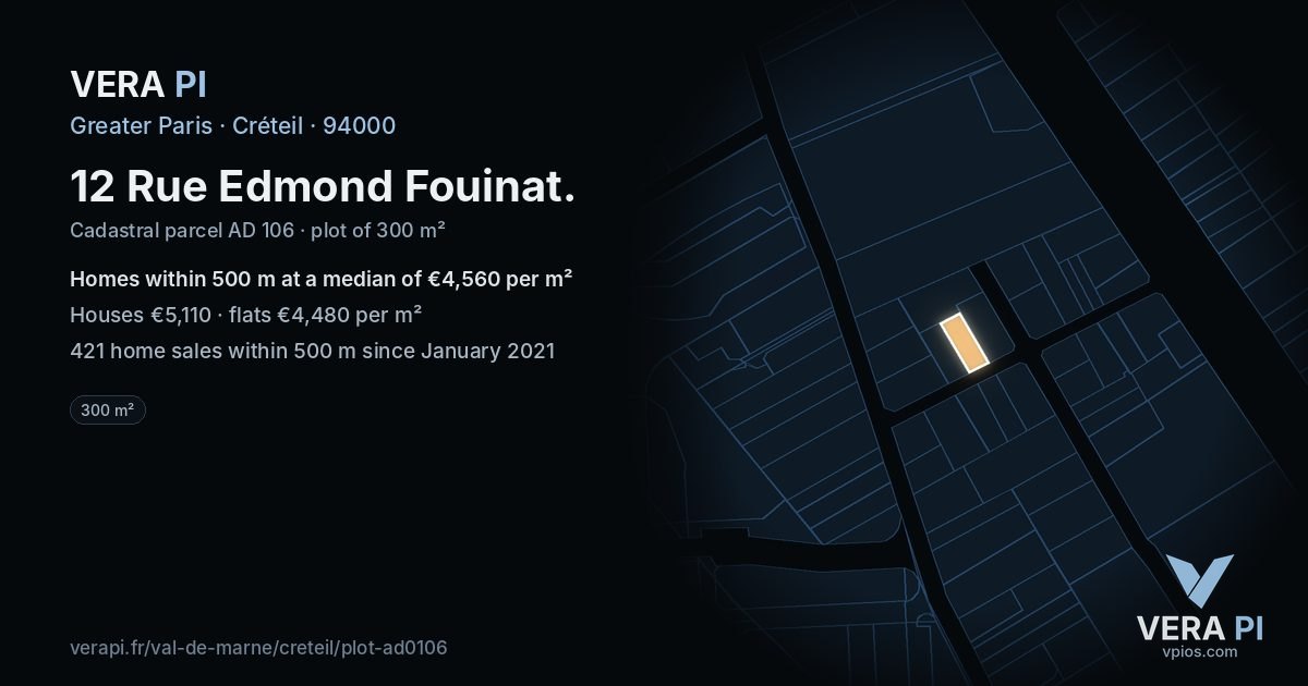 12 Rue Edmond Fouinat, Créteil at night – the plot lit, the parcels around coloured by the prices near them