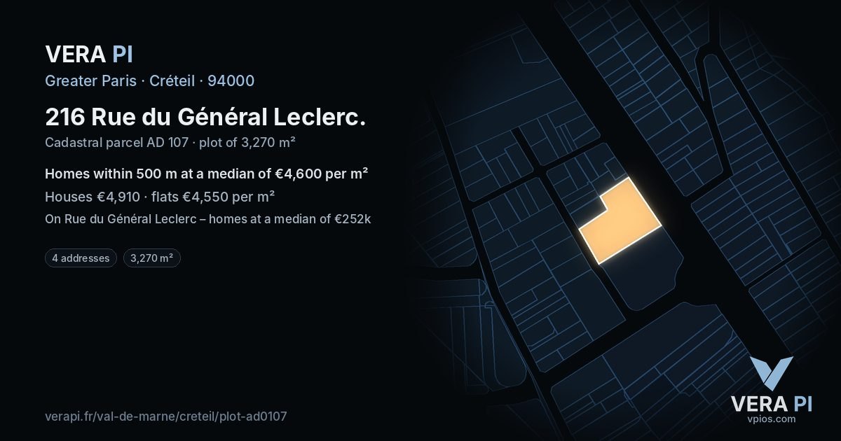 216 Rue du Général Leclerc, Créteil at night – the plot lit, the parcels around coloured by the prices near them