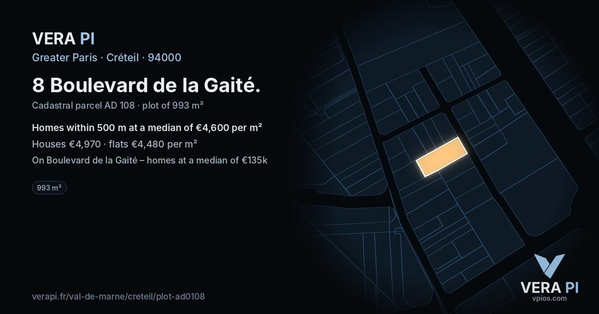 8 Boulevard de la Gaité, Créteil at night – the plot lit, the parcels around coloured by the prices near them