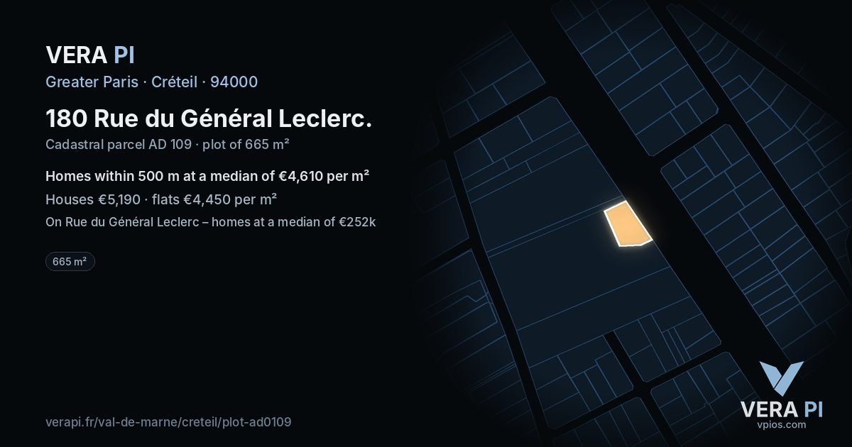 180 Rue du Général Leclerc, Créteil at night – the plot lit, the parcels around coloured by the prices near them