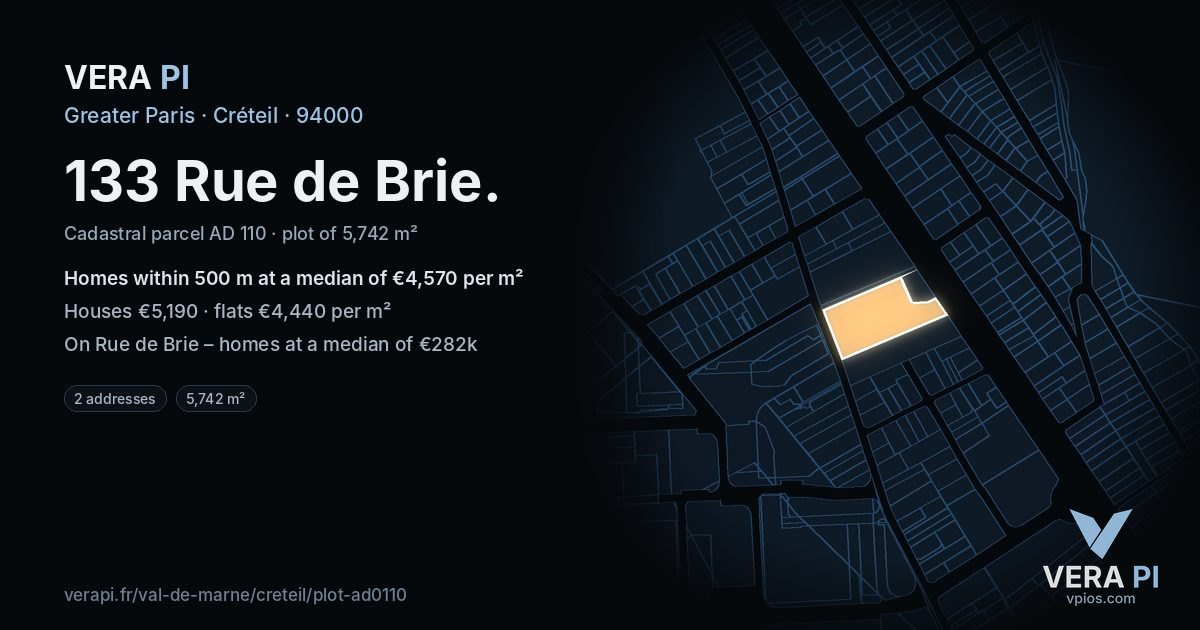 133 Rue de Brie, Créteil at night – the plot lit, the parcels around coloured by the prices near them