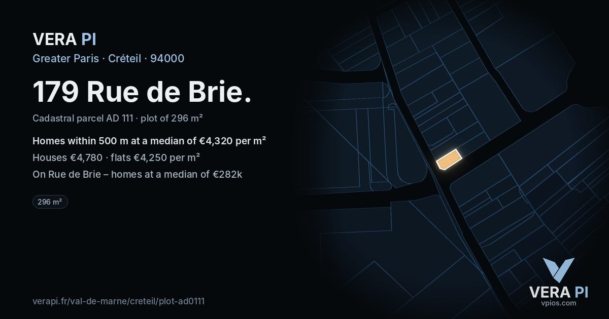 179 Rue de Brie, Créteil at night – the plot lit, the parcels around coloured by the prices near them