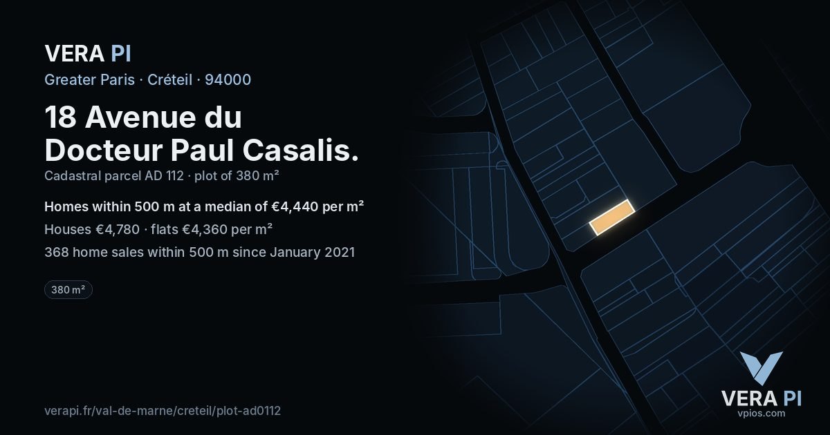 18 Avenue du Docteur Paul Casalis, Créteil at night – the plot lit, the parcels around coloured by the prices near them