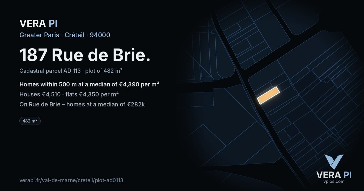 187 Rue de Brie, Créteil at night – the plot lit, the parcels around coloured by the prices near them