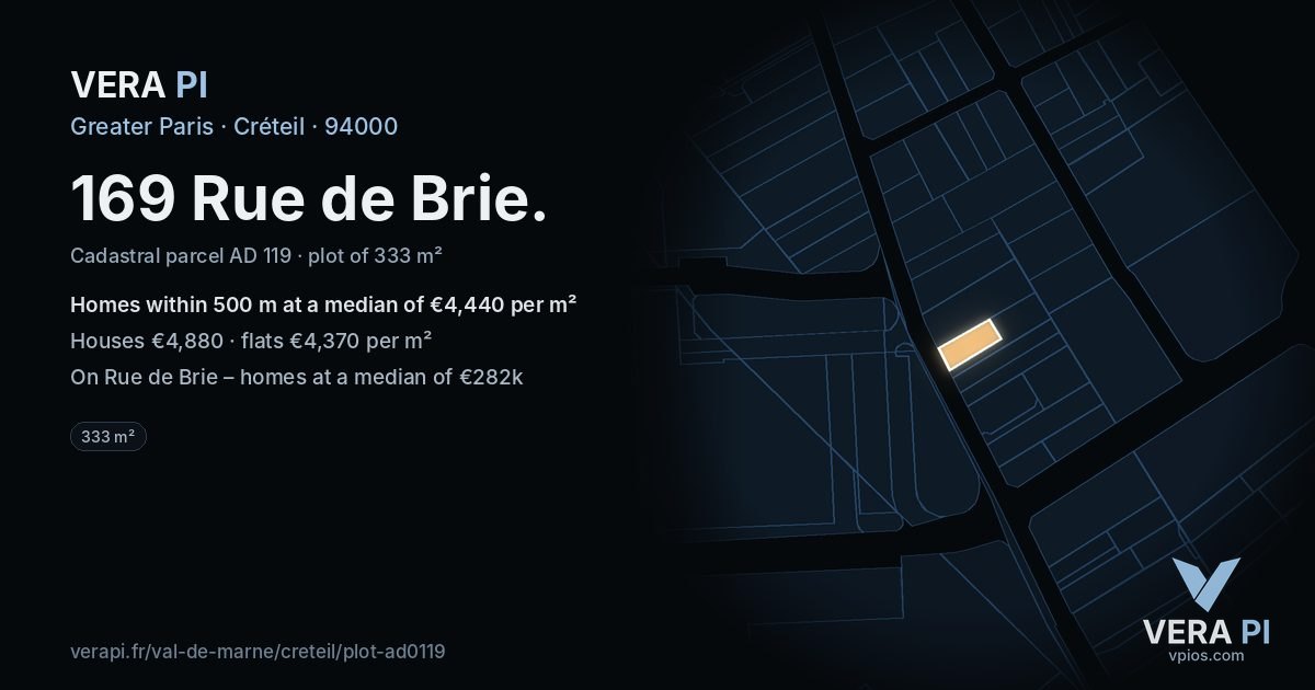 169 Rue de Brie, Créteil at night – the plot lit, the parcels around coloured by the prices near them