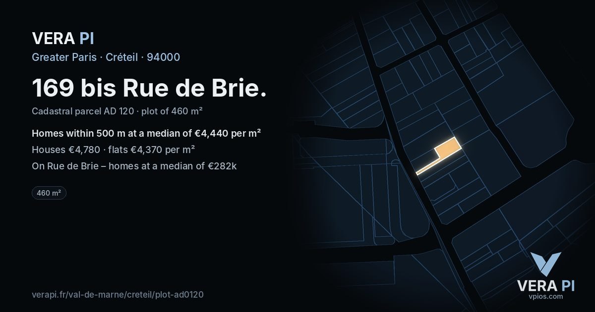 169 bis Rue de Brie, Créteil at night – the plot lit, the parcels around coloured by the prices near them