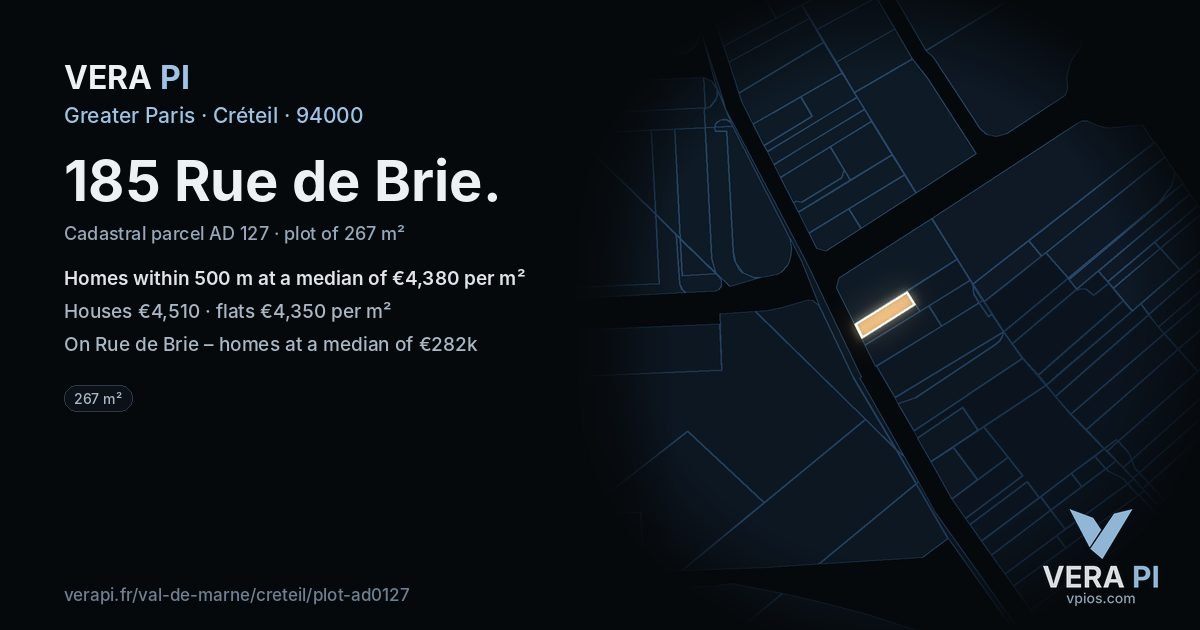 185 Rue de Brie, Créteil at night – the plot lit, the parcels around coloured by the prices near them