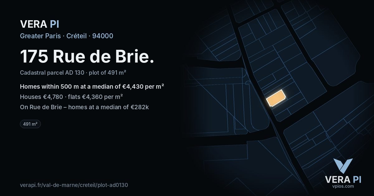 175 Rue de Brie, Créteil at night – the plot lit, the parcels around coloured by the prices near them