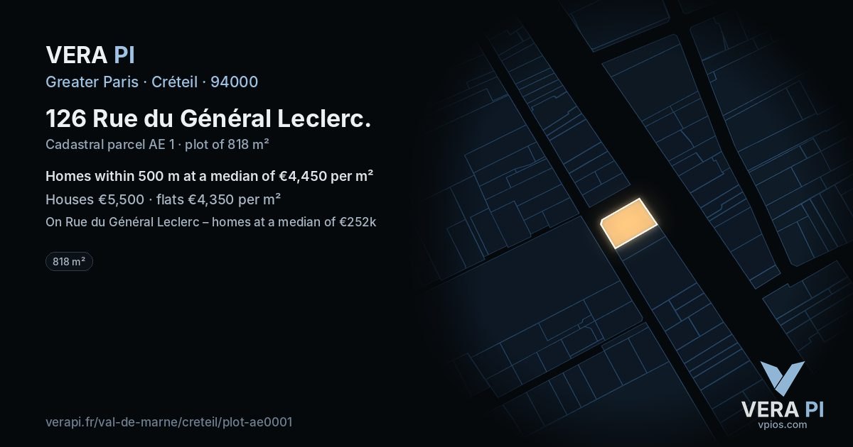 126 Rue du Général Leclerc, Créteil at night – the plot lit, the parcels around coloured by the prices near them
