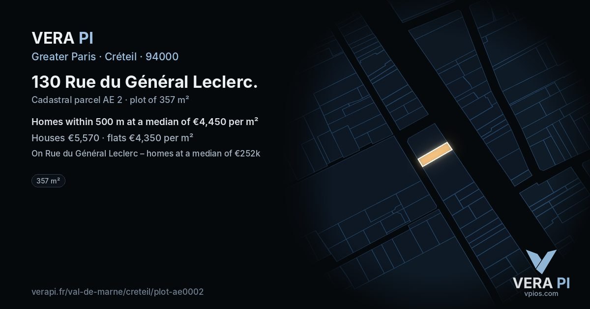 130 Rue du Général Leclerc, Créteil at night – the plot lit, the parcels around coloured by the prices near them