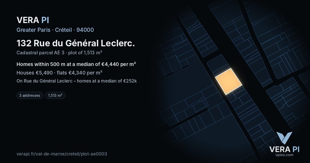 132 Rue du Général Leclerc, Créteil at night – the plot lit, the parcels around coloured by the prices near them