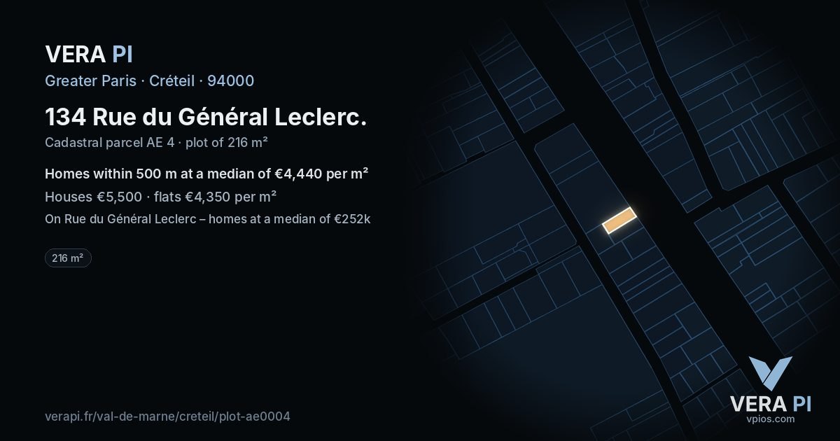 134 Rue du Général Leclerc, Créteil at night – the plot lit, the parcels around coloured by the prices near them
