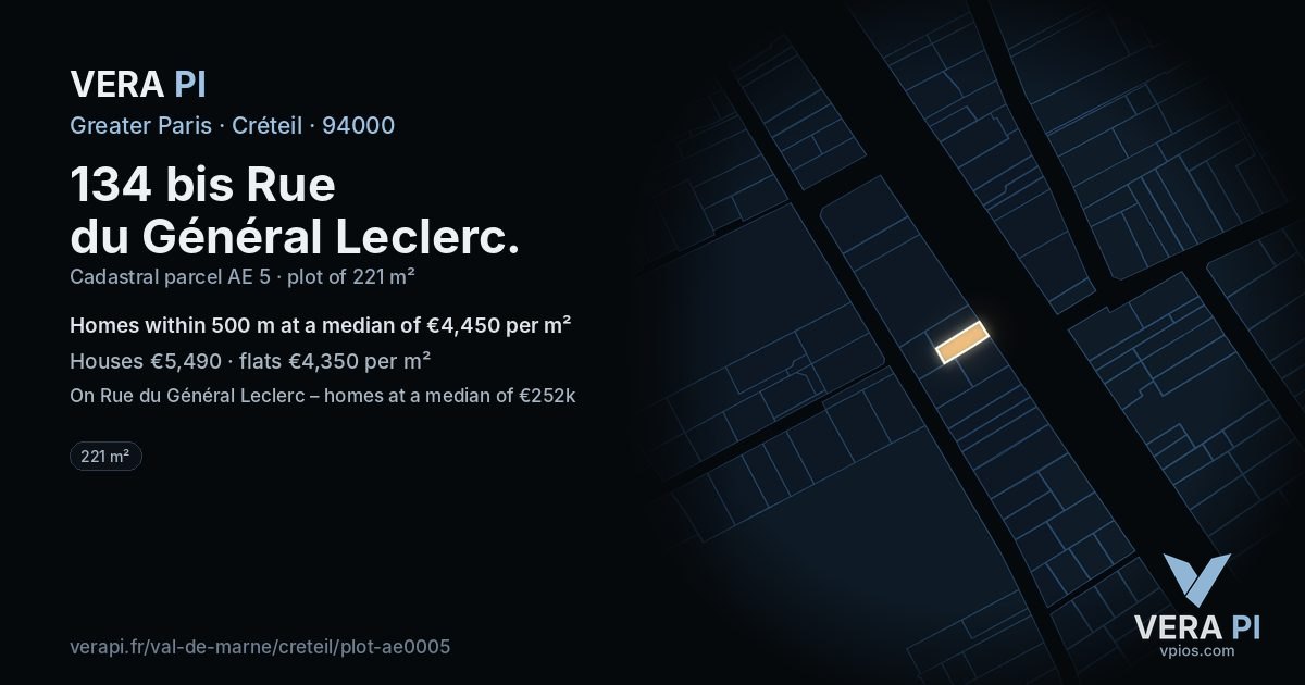 134 bis Rue du Général Leclerc, Créteil at night – the plot lit, the parcels around coloured by the prices near them