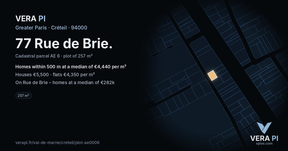 77 Rue de Brie, Créteil at night – the plot lit, the parcels around coloured by the prices near them