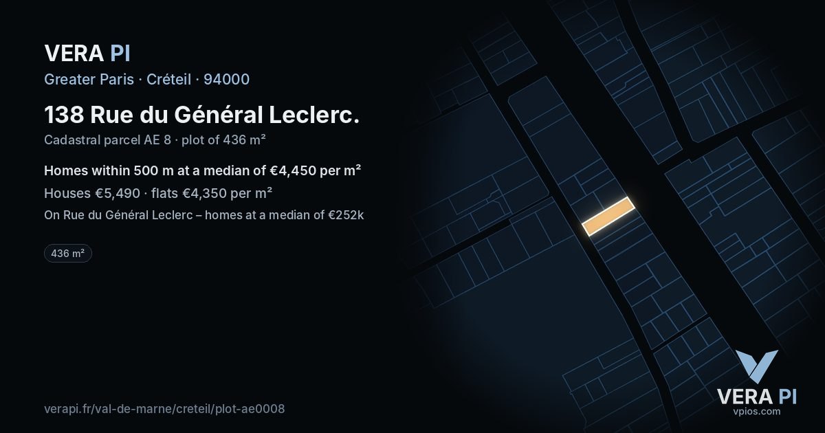 138 Rue du Général Leclerc, Créteil at night – the plot lit, the parcels around coloured by the prices near them