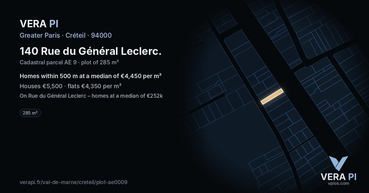140 Rue du Général Leclerc, Créteil at night – the plot lit, the parcels around coloured by the prices near them