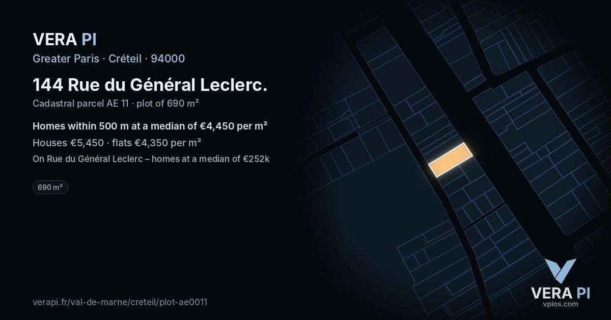 144 Rue du Général Leclerc, Créteil at night – the plot lit, the parcels around coloured by the prices near them