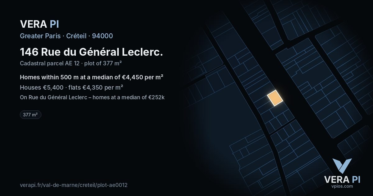 146 Rue du Général Leclerc, Créteil at night – the plot lit, the parcels around coloured by the prices near them