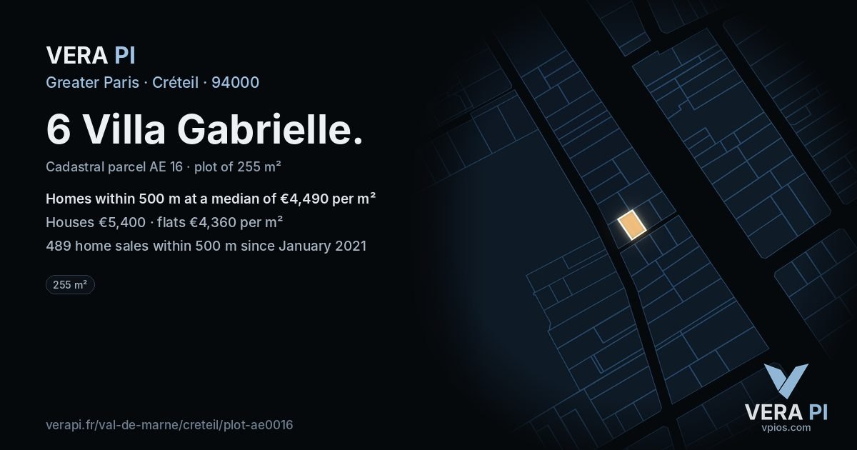 6 Villa Gabrielle, Créteil at night – the plot lit, the parcels around coloured by the prices near them