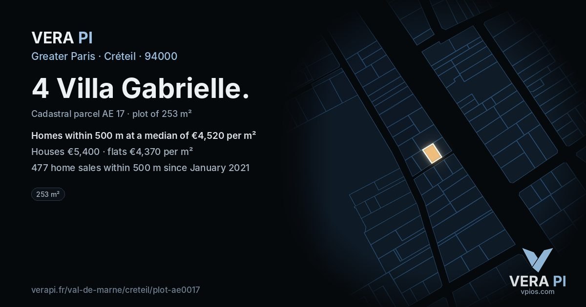 4 Villa Gabrielle, Créteil at night – the plot lit, the parcels around coloured by the prices near them