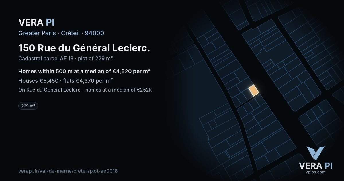 150 Rue du Général Leclerc, Créteil at night – the plot lit, the parcels around coloured by the prices near them