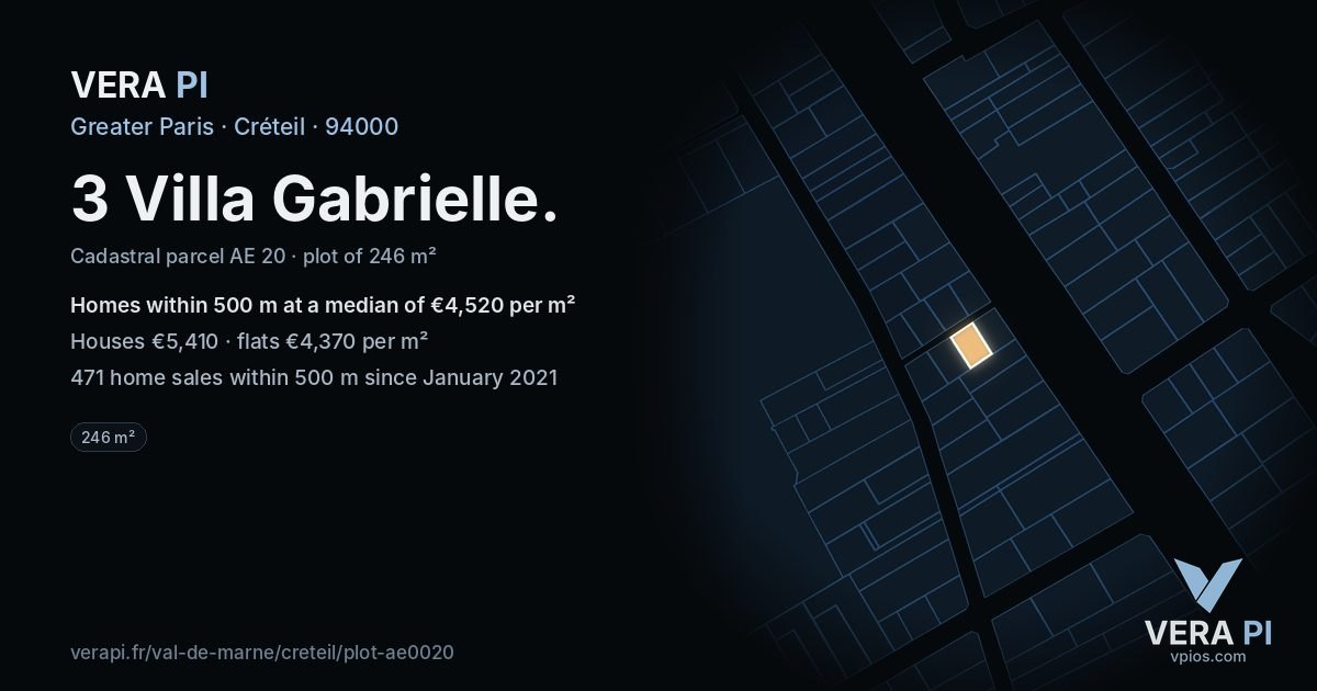 3 Villa Gabrielle, Créteil at night – the plot lit, the parcels around coloured by the prices near them