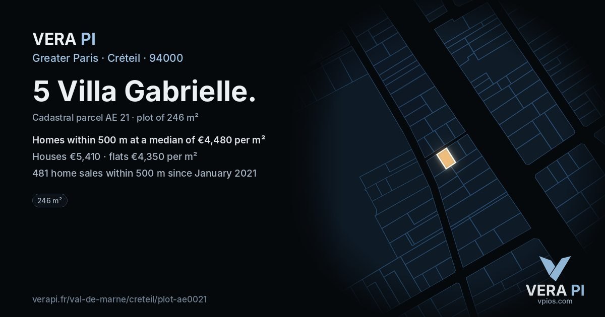 5 Villa Gabrielle, Créteil at night – the plot lit, the parcels around coloured by the prices near them