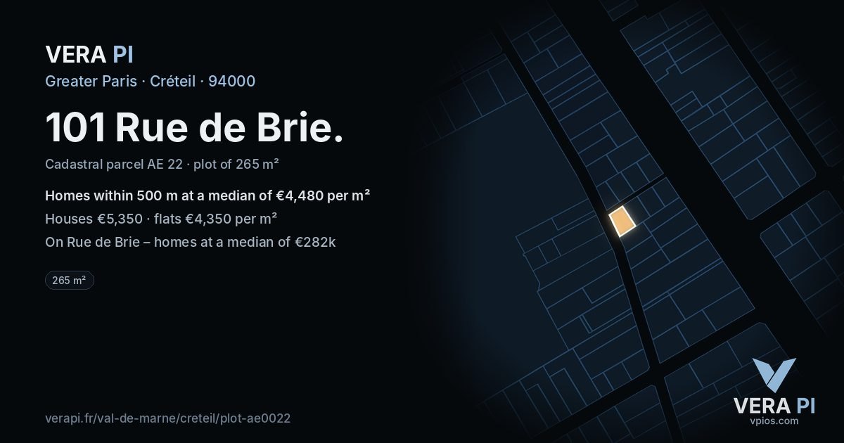 101 Rue de Brie, Créteil at night – the plot lit, the parcels around coloured by the prices near them