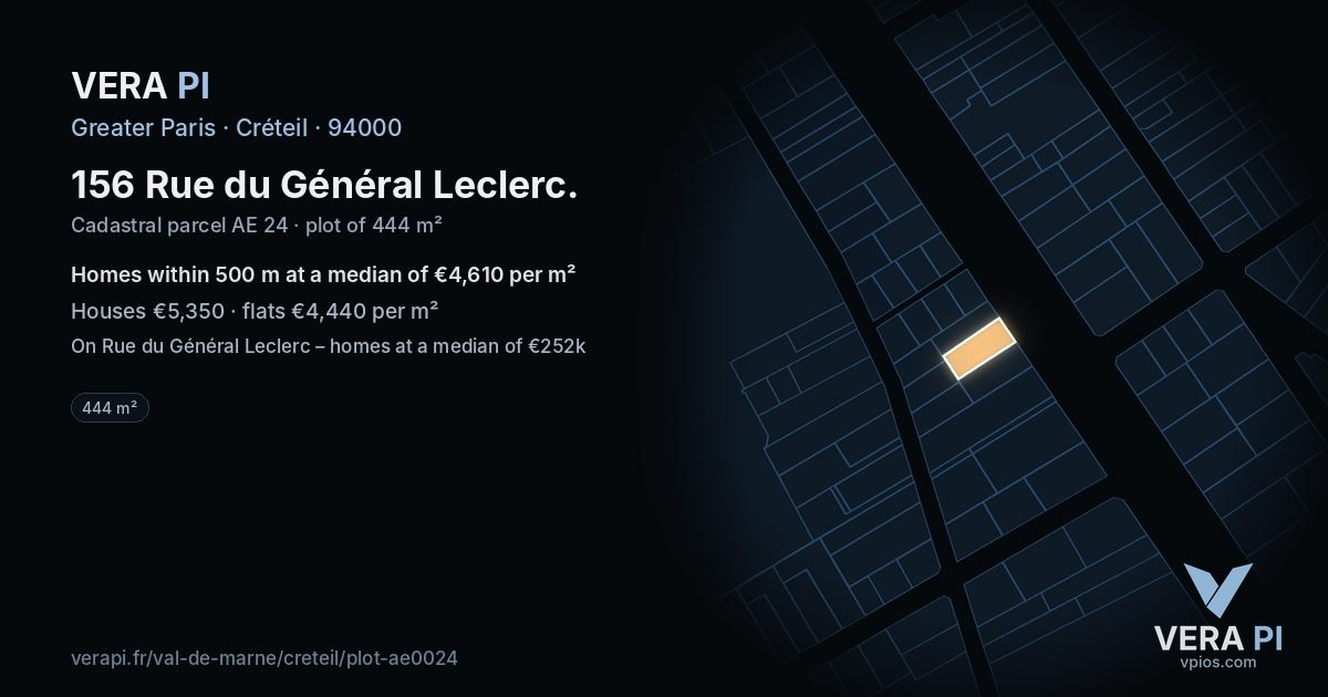 156 Rue du Général Leclerc, Créteil at night – the plot lit, the parcels around coloured by the prices near them