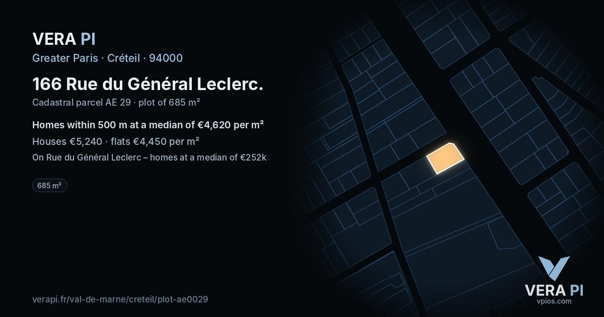 166 Rue du Général Leclerc, Créteil at night – the plot lit, the parcels around coloured by the prices near them